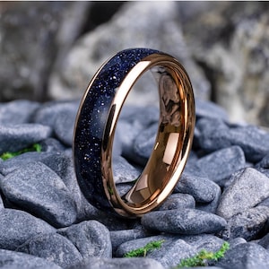 Blue Sandstone Nebula Ring 6mm - Rose Gold Tungsten Band - Unisex Wedding Ring - Anniversary Gift - Galaxy Ring