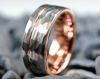 8mm Silver Hammered Tungsten Wedding Ring / Rose Gold Stripe & Interior - Men&#39;s Tungsten Band