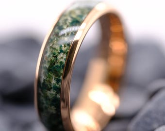Rose Gold Moss Agate Tungsten Band - His and Hers 6mm Wedding Ring