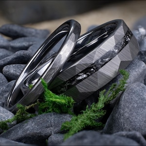 His and Hers Ring Set – 6mm & 2mm Meteorite Hammered Silver Tungsten Bands - Custom Engraving - Lifetime Warranty