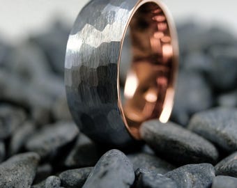 8mm Hammered Silver Tungsten Wedding Band with Rose Gold Interior – Unisex Customizable Ring