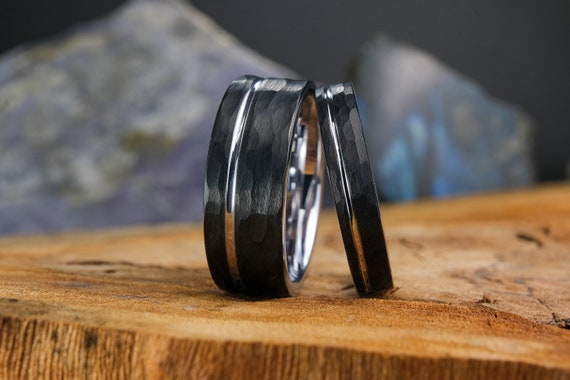 Tungsten Ring His and Hers Set 8mm and 4mm Hammered Black Bands With Silver Stripe Custom Laser Engraving