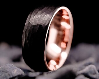 8 mm Schwarzer Wolfram Ehering - Unisex Ring mit Roségold-Einlage