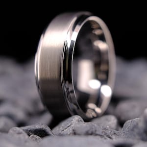 Silver Tungsten Wedding Ring - 8mm His and Hers Beveled Edges Band - Anniversary Gift - Custom Engraved Ring