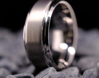 Anello nuziale in tungsteno argentato - Fascia da 8 mm con bordi smussati per lui e per lei - Regalo di anniversario - Anello con incisione personalizzata
