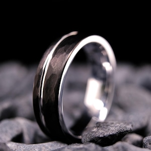 Black Tungsten Ring - 6mm Hammered Stripe Wedding Band - White Gold Interior