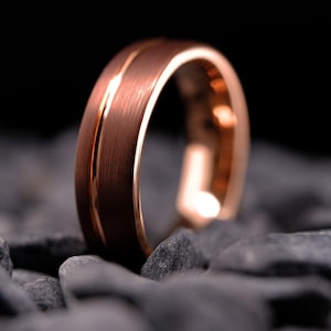 Mocha Brown Tungsten Wedding Band - 6mm Rose Gold Stripe Men&#39;s Brushed Ring - Anniversary Gift - Customizable Band