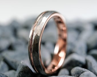 Rose Gold Tungsten Wedding Band 4mm - Rounded Hammered Stripe Rose Gold Ring - Unisex Silver Band