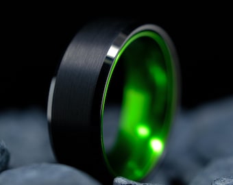 Black Tungsten Ring with Beveled Edge - 8mm High Polished Green Interior - Brushed Wedding Band for Women & Men