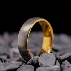 Brushed Silver Wedding Band - 6mm Tungsten Carbide Unisex Yellow Gold Ring - Custom Laser Engraving