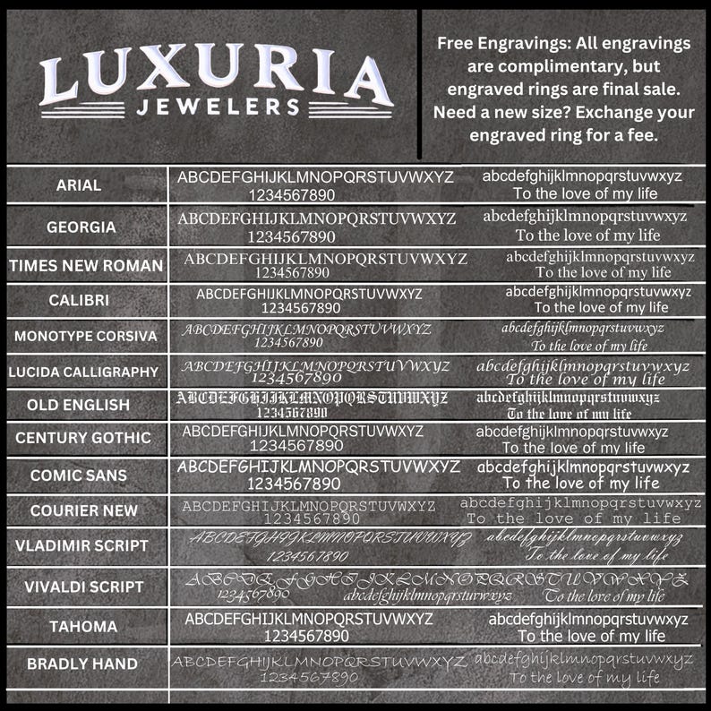 May include: A chart showing different font styles with the alphabet, numbers, and the phrase "To the love of my life". The chart is on a gray background with a black border.