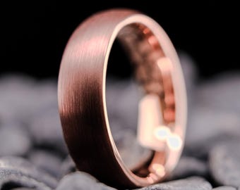 Mocha Brown Tungsten Wedding Band - 6mm Brushed Men's Ring - Polished Rose Gold Interior - Custom Engraving