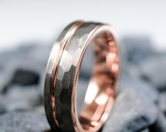 6mm Silver Hammered Tungsten Wedding Ring / Rose Gold Stripe & Interior - Men&#39;s Tungsten Band