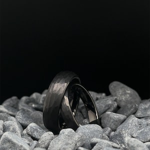 His and Hers Tungsten Wedding Ring Set - 4mm and 6mm Hammered Black Bands - Engagement, Promise, Wedding Rings