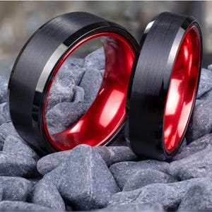 Black Brushed Tungsten Ring Set - 8mm & 6mm Wedding Bands with Red Interior - His and Hers Tungsten Rings