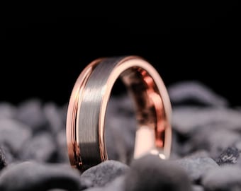 Rose Gold Tungsten Wedding Band - 6mm Brushed Men's Two Tone Silver Ring