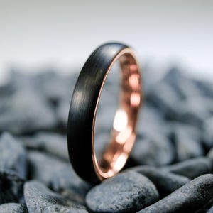 Black Brushed Wedding Band With Rose Gold Interior - 4mm Tungsten Wedding Band