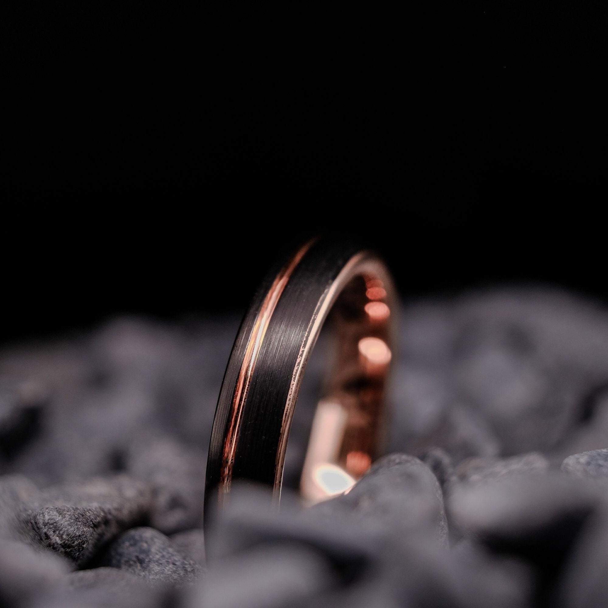 Black Tungsten Ring - Brushed Rose Gold Stripe Rounded - 4mm Men's Wedding Band