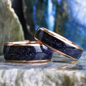 His and Hers Polished Rose Gold Tungsten Wedding Bands Nebula Rings 8mm/6mm - Anniversary Rings - Galaxy Rings