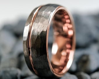 Roségouden wolfraam trouwring 8 mm - afgeronde gehamerde streep roségouden ring - uniseks zilveren band