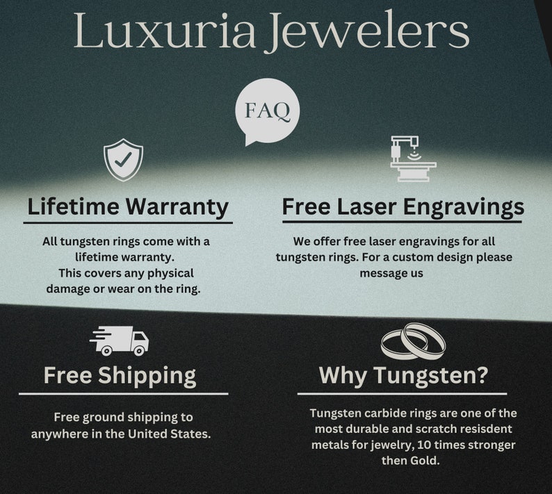 May include: A graphic with information about tungsten rings. The graphic includes a lifetime warranty, free laser engravings, free shipping, and information about why tungsten is a good choice for rings. The graphic also includes the text "Luxuria Jewelers" and "FAQ".