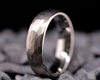 Hammered Tungsten Ring Silver Finish - 6mm His and Hers Wedding Band - Custom Engraved Ring