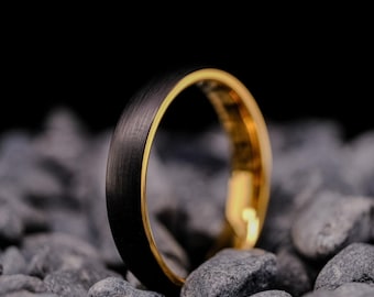 Black Brushed Tungsten Ring - 4mm Gold Interior, Unisex Wedding Band