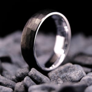 Black Obsidian Hammered Tungsten Wedding Band - 6mm White Gold Interior Ring - Custom Engraved Ring