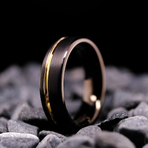 Black Brushed Ring - 6mm Gold Stripe Men&#39;s Tungsten Wedding Band - Obsidian Ring