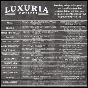 May include: Image showcasing font styles for engravings, including Arial, Georgia, and Times New Roman, with sample text and numbers. The Luxuria Jewelers logo is at the top. The text "To the love of my life" is displayed in various fonts.