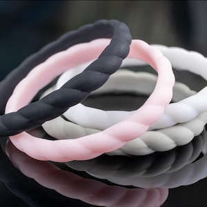 Silicone Band Set – Braided 2mm Unisex Active Rings, 4-Pack in Pink, Black, Grey, White