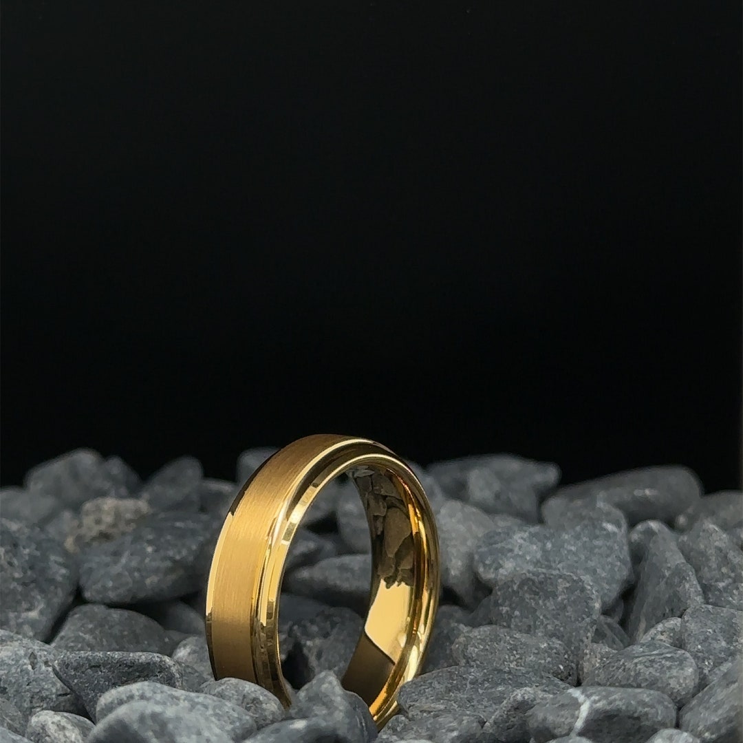 Tungsten Ring, Tungsten Yellow Gold Band, BEVELED EDGES Finish Ring