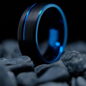 Black Tungsten Wedding Band - 8mm Blue Stripe and Interior Men&#39;s Ring - Customizable