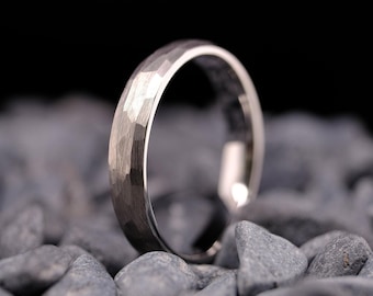 Hammered Tungsten Ring Silver Finish - 4mm His and Hers Wedding Band - Custom Engraved Ring