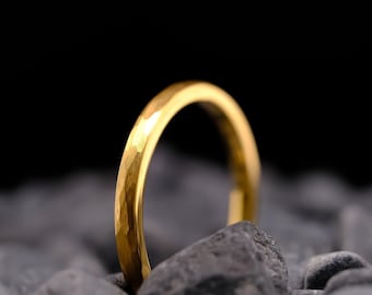2mm Hammered Yellow Gold Tungsten Wedding Band - Men's and Women's Tungsten Ring