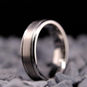Brushed Silver Tungsten Wedding Band - 6mm Men&#39;s Ring with Polished Side Walls - Custom Engraved Ring