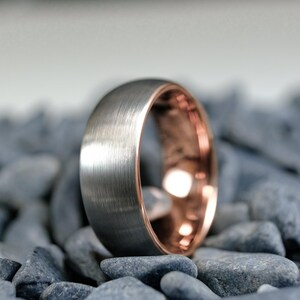 8mm Brushed Silver Tungsten Wedding Band with Rose Gold Interior - Unisex Tungsten Ring