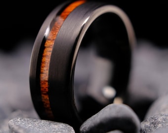 Black Tungsten Ring with KOA Wood Stripe Brushed Finish - 8mm Men's Wedding Band