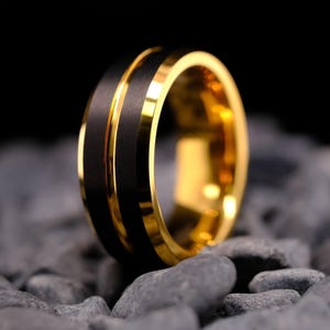 8mm Black Tungsten Ring with Brushed Gold Stripes - Men&#39;s Tungsten Wedding Band