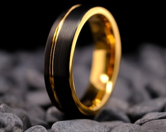Black Brushed Tungsten Ring - 6mm Gold Stripe & Interior - Men's Wedding Band
