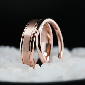 His and Hers Wedding Bands Set - 6mm/2mm Polished Rose Gold Tungsten Rings - Customizable
