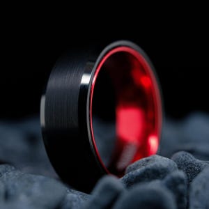 Black Tungsten Ring with Beveled Edge - 8mm High Polished Red Interior - Brushed Wedding Band for Women & Men