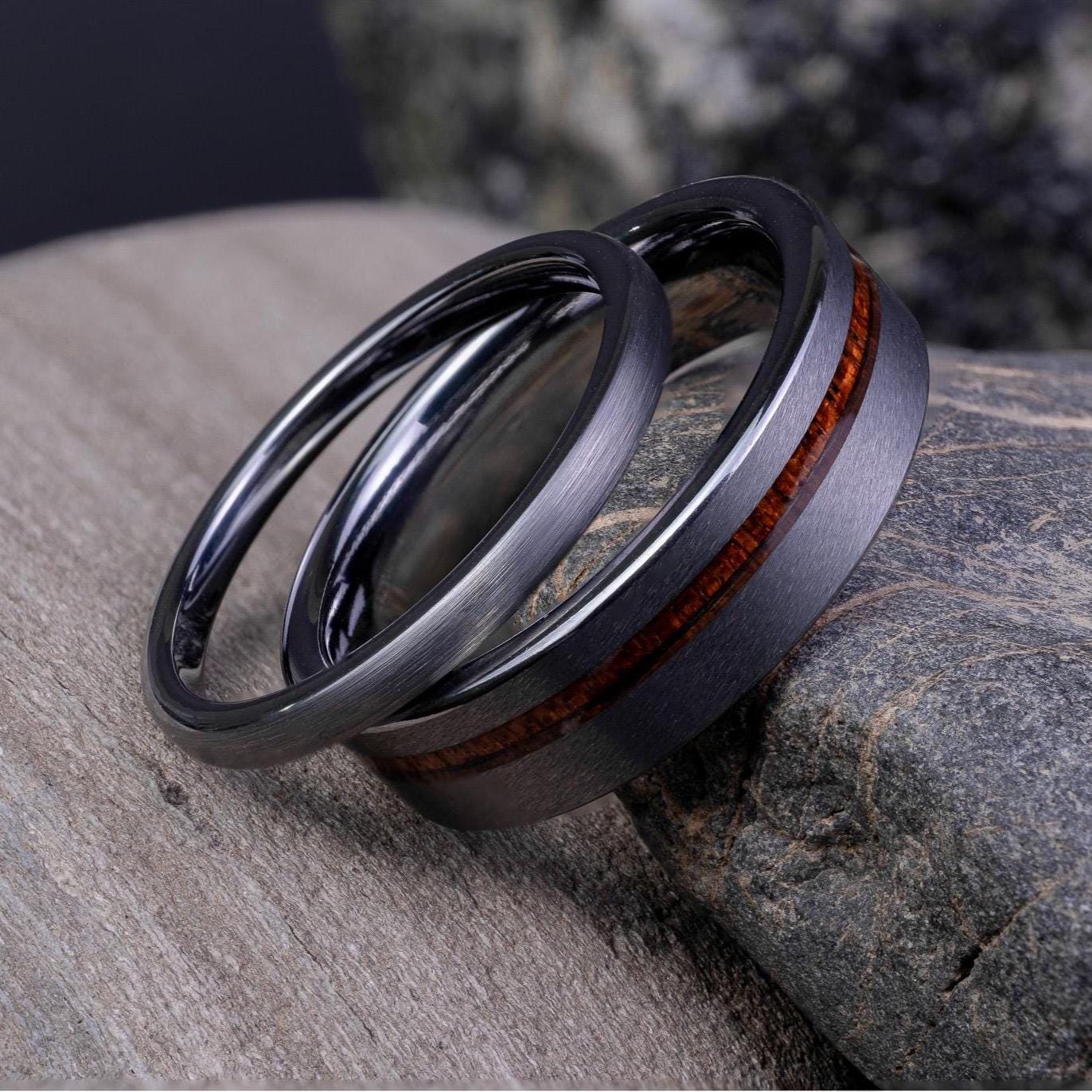 His and Hers Koa Wood Ring Set - 2mm and 6mm Brushed Silver
