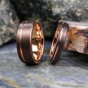 Tungsten Ring His and Hers Set - Brushed Mocha Brown with Rose Gold Stripe - 4mm and 8mm Wedding Bands - Custom Laser Engraving