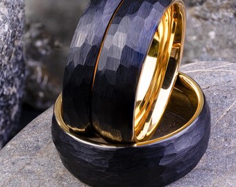 Black Hammered Tungsten Wedding Band, Yellow Gold Interior Ring, 4mm 6mm 8mm, Custom Engraving, Anniversary Gift for Him & Her