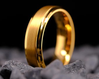 6mm Gold Tungsten Wedding Band - Beveled Edges Men's Tungsten Ring