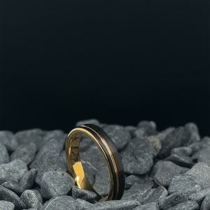 4mm Black Brushed Tungsten Ring with Gold Stripe & Interior Men's and Women's Wedding Band image 4
