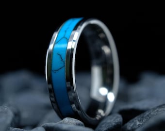 Polierter Silber Wolfram Ring - Unisex 6 mm Band mit Türkis Inlay - Hochzeitsring - Geschenk zum Jahrestag