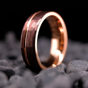 Mocha Brown Tungsten Wedding Band  - 6mm Rose Gold Hammered Stripe Men&#39;s Wedding Ring - Anniversary Gift - Customizable Ring