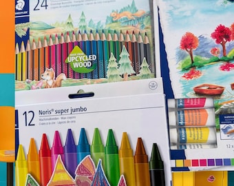 May include: A collection of art supplies including a box of 24 Noris color pencils, a box of 12 Noris super jumbo wax crayons, and a box of 12 watercolor paints. The pencil box features a fox illustration and the text "MADE FROM UPCYCLED WOOD".